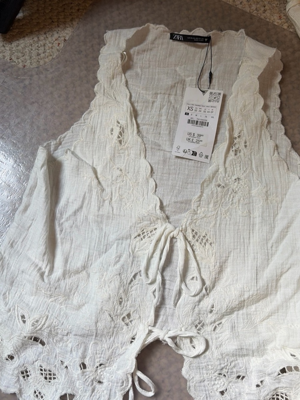 Zara Cream Lace-Trim Tie-Front Tunic Top